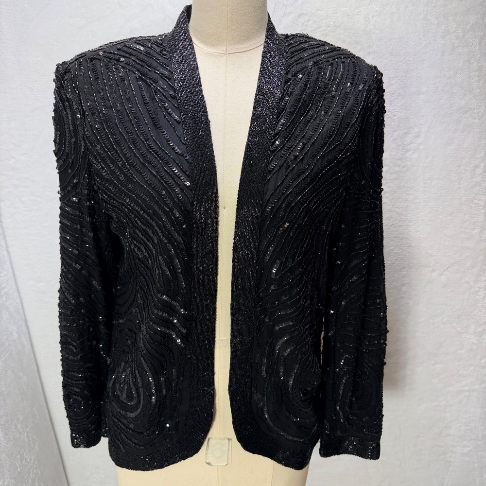 VTG Leslie Fay Evenings Black Heavily Beaded Sequin Evening Top Medium Elegant